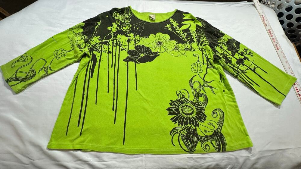 Jess & Jane Women’s 3X Top 100% Cotton Green Floral Y2K Rhinestones Canon Flower
